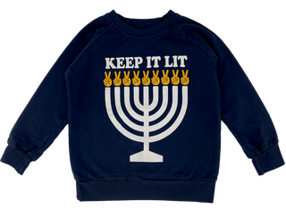 Tiny Whales Keep It Lit Navy Sweatshirt, Tiny Whales, cf-size-10y, cf-size-8y, cf-type-sweatshirt, cf-vendor-tiny-whales, Chanukah, Hannukah, Hanukkah, Hanukkah Sweatshirt, Jolly Holiday Sale