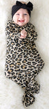 Posh Peanut Lana Leopard Tan Basic Knotted Gown, Posh Peanut, Baby, Infant, Leopard Gown, Leopard Knotted Gown, Posh Custom Sale, Posh PEanut, Posh Peanut Lana Leopard, Posh Peanut Leopard Kn