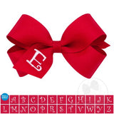 Mini Red w/White Initial Hair Bow on Clippie, Wee Ones, Alligator Clip, Alligator Clip Hair Bow, cf-type-hair-bow, cf-vendor-wee-ones, Clippie, CM22, Grosgrain, Hair Bow, Initial, Initial Hai