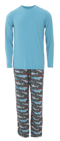 KicKee Pants Pewter Santa Sharks Men's L/S Pajama Set, KicKee Pants, 2pc Pajama Set, All Things Holiday, Bamboo Pajama, Bamboo Pajama Set, Bamboo Pajamas, Christmas, Christmas Pajama, Christm