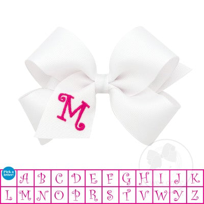 Medium White w/Shocking Pink Initial Hair Bow on Clippie, Wee Ones, Alligator Clip, Alligator Clip Hair Bow, cf-type-hair-bow, cf-vendor-wee-ones, Clippie, CM22, Grosgrain, Hair Bow, Initial,