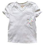 Paper Flower Twisted Sleeve with Rainbow Embroidery Star  Slouchy Pocket Tee, Paper Flower, Blue, cf-size-large-12, cf-type-tee, cf-vendor-paper-flower, JAN23, Paper Flower, Paper Flower Twis