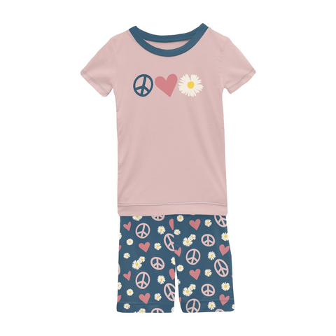 KicKee Pants Peace Love Happiness S/S Graphic Tee Pajama Set with Shorts, KicKee Pants, cf-size-5-years, cf-type-pajama-set, cf-vendor-kickee-pants, KicKee, kickee Pajama Set, KicKee Pajama S