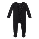 Posh Peanut Solid Ribbed Black Ruffled Zippered Footie, Posh Peanut, Posh Custom Sale, Posh Peanut, Posh Peanut Fall 2020, Posh Peanut Footie, Posh Peanut Footie with Zipper, Posh Peanut Ruff
