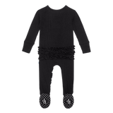 Posh Peanut Solid Ribbed Black Ruffled Zippered Footie, Posh Peanut, Posh Custom Sale, Posh Peanut, Posh Peanut Fall 2020, Posh Peanut Footie, Posh Peanut Footie with Zipper, Posh Peanut Ruff