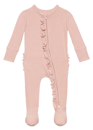 Posh Peanut Solid Ribbed Sweet Pink Ruffled Zippered Footie, Posh Peanut, Posh Peanut, Posh Peanut Fall 2020, Posh Peanut Footie, Posh Peanut Footie with Zipper, Posh Peanut Ruffled Zippered 