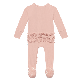 Posh Peanut Solid Ribbed Sweet Pink Ruffled Zippered Footie, Posh Peanut, Posh Peanut, Posh Peanut Fall 2020, Posh Peanut Footie, Posh Peanut Footie with Zipper, Posh Peanut Ruffled Zippered 