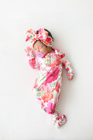 Posh Peanut Maui Wood Button Knotted Gown, Posh Peanut, Baby, Infant, Knotted Gown, Layette Gown, Posh PEanut, Posh Peanut Alice, Posh Peanut Floral, Posh Peanut Knotted Gown, Posh Peanut Mau