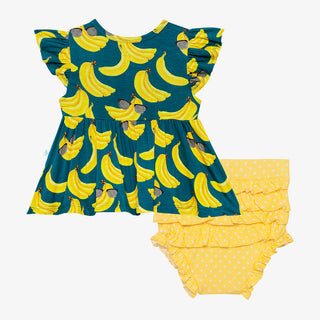 Posh Peanut Bananas Ruffled Capsleeve Henley Peplum Top & Bloomer Set, Posh Peanut, Posh Custom Sale, Posh Peanut, Posh Peanut Bananas, Posh Peanut Bananas Ruffled Capsleeve Henley Peplum Top