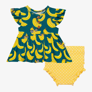 Posh Peanut Bananas Ruffled Capsleeve Henley Peplum Top & Bloomer Set, Posh Peanut, Posh Custom Sale, Posh Peanut, Posh Peanut Bananas, Posh Peanut Bananas Ruffled Capsleeve Henley Peplum Top