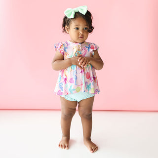Posh Peanut Coral Ruffled Capsleeve Henley Peplum Top & Bloomer Set, Posh Peanut, Posh Custom Sale, Posh Peanut, Posh Peanut Bummie Set, Posh Peanut Coral, Posh Peanut Coral Ruffled Capsleeve