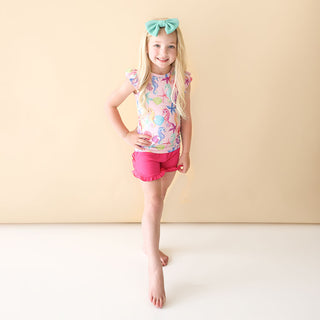 Posh Peanut Coral Basic Ruffled Capsleeve Top & Ruffled Varsity Short, Posh Peanut, Posh Custom Sale, Posh Peanut, Posh Peanut Basic Ruffled Capsleeve Top & Ruffled Varsity Short, Posh Peanut