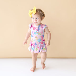 Posh Peanut Coral Ruffled Capsleeve Henley Twirl Skirt Bodysuit, Posh Peanut, Posh Custom Sale, Posh Peanut, Posh Peanut Coral, Posh Peanut Coral Ruffled Capsleeve Henley Twirl Skirt Bodysuit