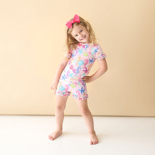 Posh Peanut Coral Basic S/S Micro Ruffled T-Shirt & Micro Ruffled Shorts PJ, Posh Peanut, Pajama, Pajamas, Posh Custom Sale, Posh Peanut, Posh Peanut Basic Loungewear with Shorts, Posh Peanut