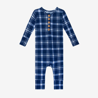 Posh Peanut Owen L/S Henley Romper, Posh Peanut, Blue Plaid, Posh Peanut, Posh Peanut Blue Plaid, Posh Peanut Fall 2021, Posh Peanut L/S Henley Romper, Posh Peanut Long Sleeve Basic Romper, P