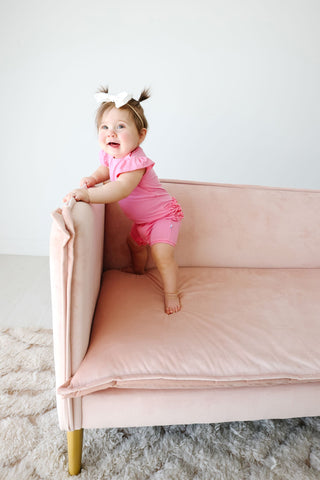 Posh Peanut Pink Lemonade Ruffled Capsleeve Short Length Romper, Posh Peanut, Posh Custom Sale, Posh Peanut, Posh Peanut Pink Lemonade, Posh Peanut Romper, Posh Peanut Ruffled Capsleeve Short