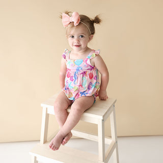 Posh Peanut Coral Basic Ruffled Capsleeve Bubble Romper, Posh Peanut, Posh Custom Sale, Posh Peanut, Posh Peanut Basic Ruffled Capsleeve Bubble Romper, Posh Peanut Coral, Posh Peanut Coral Ba