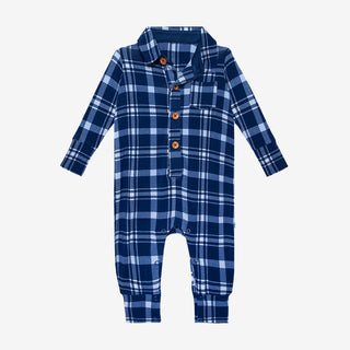 Posh Peanut Owen L/S Collared Henley Long Romper, Posh Peanut, Blue Plaid, cf-size-9-12-months, cf-type-romper, cf-vendor-posh-peanut, Posh Peanut, Posh Peanut Blue Plaid, Posh Peanut Fall 20