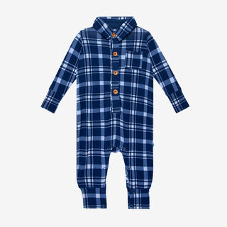 Posh Peanut Owen L/S Collared Henley Long Romper, Posh Peanut, Blue Plaid, cf-size-9-12-months, cf-type-romper, cf-vendor-posh-peanut, Posh Peanut, Posh Peanut Blue Plaid, Posh Peanut Fall 20