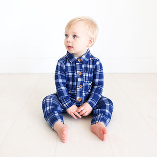 Posh Peanut Owen L/S Collared Henley Long Romper, Posh Peanut, Blue Plaid, cf-size-9-12-months, cf-type-romper, cf-vendor-posh-peanut, Posh Peanut, Posh Peanut Blue Plaid, Posh Peanut Fall 20