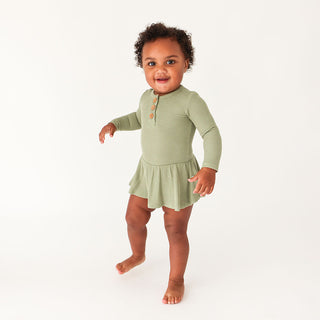 Posh Peanut Olive Waffle L/S Henley Twirl Skirt Bodysuit, Posh Peanut, cf-size-2t, cf-type-twirl-skirt-bodysuit, cf-vendor-posh-peanut, Olive, Posh Peanut, Posh Peanut Dress, Posh Peanut L/S 