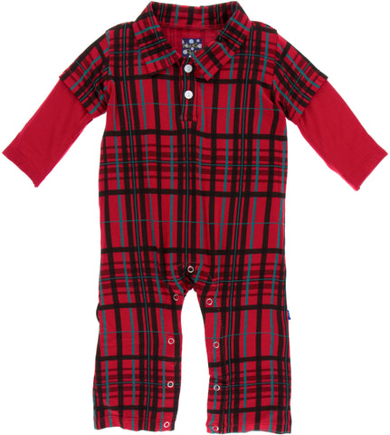 KicKee Pants Christmas Plaid L/S Double Layer Polo Romper, KicKee Pants, All Things Holiday, Black Friday, Christmas Plaid, Christmas Plaid Double Layer Polo Romper, CM22, Cyber Monday, Doubl