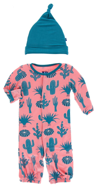 KicKee Pants Strawberry Cactus Layette Converter Gown & Knot Hat Set, KicKee Pants, Cancun Strawberry Stripe, CM22, Gown & Hat Set, KicKee, KicKee Cancun, KicKee Pants, KicKee Pants Cancun, K