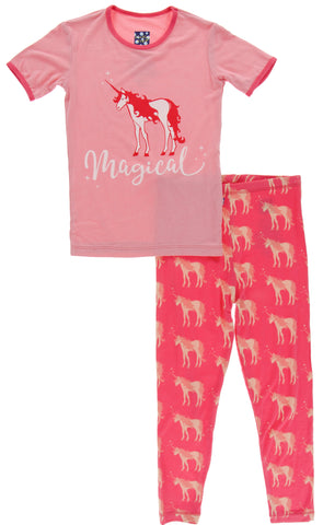 KicKee Pants Red Ginger Unicorns Piece Print S/S Pajama Set with Pants, KicKee Pants, 2pc Pajama Set, CM22, Els PW 5060, girls pajamas, KicKee, kickee Pajama Set, KicKee Pajamas, KicKee Pants