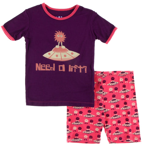 KicKee Pants Red Ginger Aliens with Flying Saucers S/S Pajama Set with Shorts, KicKee Pants, cf-size-3t, cf-type-pajama-set, cf-vendor-kickee-pants, CM22, Els PW 5060, KicKee, kickee Pajama S