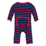 KicKee Pants Everyday Heroes Navy Stripe Muffin Ruffle Coverall with Zipper, KicKee Pants, CM22, Coverall, Coverall with Zipper, Coveralls, Fitted Coverall, KciKee Coverall, KicKee, KicKee Co