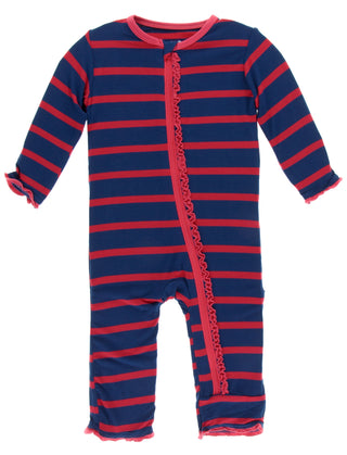 KicKee Pants Everyday Heroes Navy Stripe Muffin Ruffle Coverall with Zipper, KicKee Pants, CM22, Coverall, Coverall with Zipper, Coveralls, Fitted Coverall, KciKee Coverall, KicKee, KicKee Co