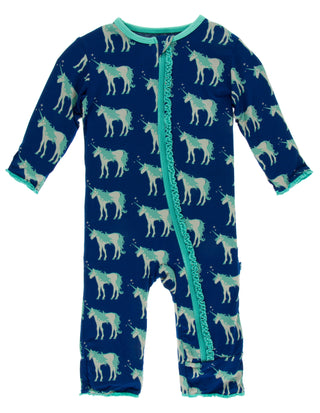 KicKee Pants Flag Blue Unicorns Muffin Ruffle Coverall with Zipper, KicKee Pants, CM22, Coverall, Coverall with Zipper, Els PW 5060, KicKee, KicKee Pants, KicKee Pants Coverall, KicKee Pants 
