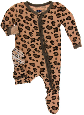 KicKee Pants Suede Cheetah Print Layette Classic Ruffle Footie with Zipper, KicKee Pants, CM22, Kenya, KicKee, KicKee Pants, KicKee Pants Classic Ruffle Footie, KicKee Pants Kenya, KicKee Pan