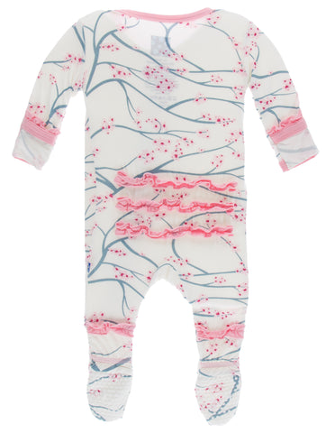 KicKee Pants Natural Japanese Cherry Tree Layette Classic Ruffle Footie with Zipper, KicKee Pants, CM22, Footie with Zipper, KicKee, KicKee Pants, KicKee Pants Footie with Zipper, KicKee Pant