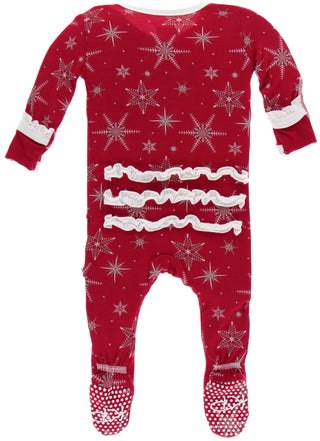 KicKee Pants Crimson Snowflakes Classic Ruffle Footie with Zipper, KicKee Pants, All Things Holiday, Christmas, Christmas in July, Classic Ruffle Footie, Classic Ruffle Footie with Zipper, CM