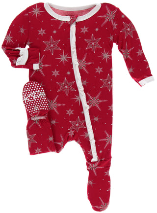KicKee Pants Crimson Snowflakes Classic Ruffle Footie with Zipper, KicKee Pants, All Things Holiday, Christmas, Christmas in July, Classic Ruffle Footie, Classic Ruffle Footie with Zipper, CM