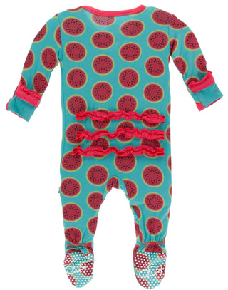 KicKee Pants Neptune Watermelon Classic Ruffle Footie with Zipper, KicKee Pants, Botany, Classic Ruffle Footie with Zipper, CM22, Els PW 5060, Footie with Zipper, KicKee, KicKee Botany, KicKe