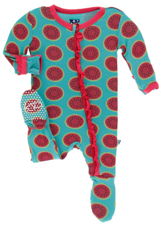 KicKee Pants Neptune Watermelon Classic Ruffle Footie with Zipper, KicKee Pants, Botany, Classic Ruffle Footie with Zipper, CM22, Els PW 5060, Footie with Zipper, KicKee, KicKee Botany, KicKe