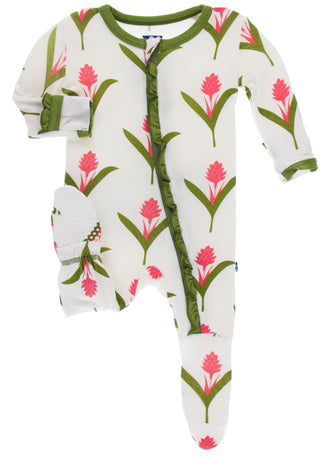 KicKee Pants Natural Red Ginger Flowers Classic Ruffle Footie with Zipper, KicKee Pants, Botany, Classic Ruffle Footie with Zipper, CM22, Els PW 5060, Footie with Zipper, KicKee, KicKee Botan