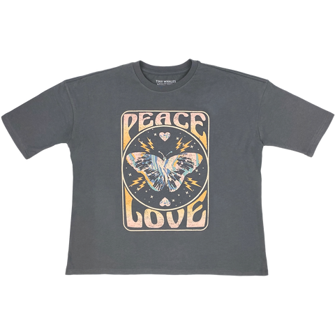 Tiny Whales Peace and Love Faded Black Summer Tee, Tiny Whales, Made in the USA, Peace, Peace and Love, Tiny Whales, Tiny Whales Clothing, Tiny Whales Girls, Tiny Whales Girls Tee, Tiny Whale
