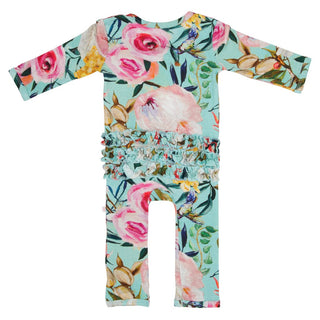 Posh Peanut Tuscan Teal (Aqua/Teal)Floral Ruffle Zippered LS One Piece Ruffle Romper, Posh Peanut, Infant Clothing, Posh Peanut, Posh Peanut Romper, Posh Peanut Ruffle Romper, Posh Peanut Tus