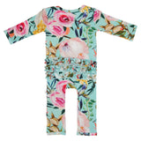 Posh Peanut Tuscan Teal (Aqua/Teal)Floral Ruffle Zippered LS One Piece Ruffle Romper, Posh Peanut, Infant Clothing, Posh Peanut, Posh Peanut Romper, Posh Peanut Ruffle Romper, Posh Peanut Tus