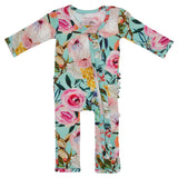 Posh Peanut Tuscan Teal (Aqua/Teal)Floral Ruffle Zippered LS One Piece Ruffle Romper, Posh Peanut, Infant Clothing, Posh Peanut, Posh Peanut Romper, Posh Peanut Ruffle Romper, Posh Peanut Tus