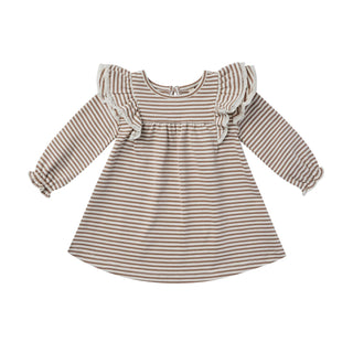 Quincy Mae Long Sleeve Flutter Dress- Cocoa Stripe Quincy Mae Long Sleeve Flutter Dress- Cocoa Stripe
