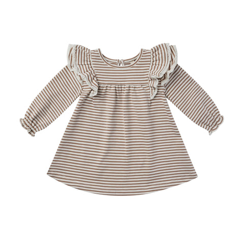 Quincy Mae Long Sleeve Flutter Dress - Cocoa Stripe, Quincy Mae, Cocoa Stripe, Dress, Dresses, Quincy Mae, Quincy Mae AW22, Quincy Mae Cocoa Stripe, Quincy Mae Dress, Quincy Mae Long Sleeve F
