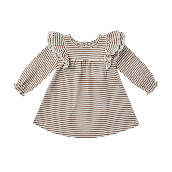 Quincy Mae Long Sleeve Flutter Dress- Cocoa Stripe Quincy Mae Long Sleeve Flutter Dress- Cocoa Stripe