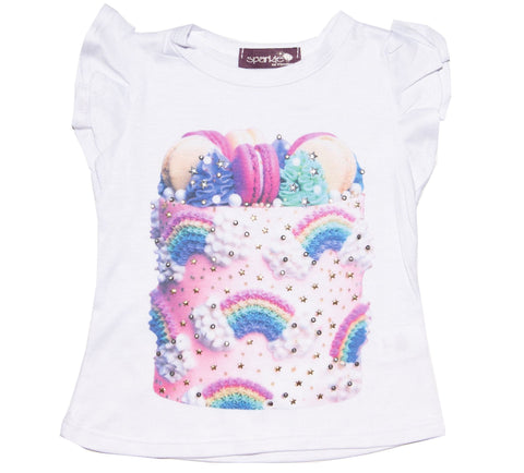 Sparkle by Stoopher Cake Goals Ruffle Sleeve S/S Tee, Sparkle by Stoopher, Birthday Cake, Birthday Cake Tee, Birthday Tee, Bling Tee, Bling Top, Els PW 5060, Girls Top, Girls Tops, Rainbow Ca