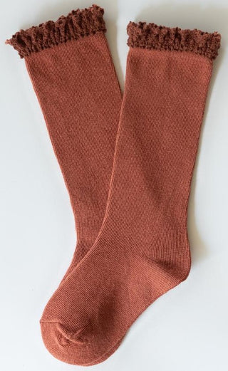 Little Stocking Co Lace Top Knee High Socks - Rust w/Brown, Little Stocking Co, Little Stocking Co, Little Stocking Co Fall 2020, Little Stocking Co Knee high Sock, Little Stocking Co Knee Hi