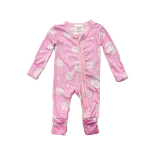 Esme Pink Smiley Infant Flip Footie w/Lace Trim, Esme, cf-size-0-3-months, cf-type-pajama-set, cf-vendor-esme, Esme, Esme Footie, Esme Pajamas, Esme Sleepwear, Footie, Footie with Zipper, gir