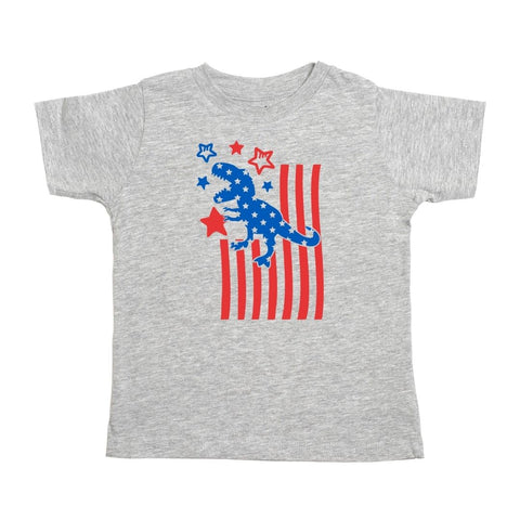 Sweet Wink Patriotic Dino S/S Grey Tee, Sweet Wink, 4th of July, 4th of July Shirt, cf-size-12-18-months, cf-size-7-8y, cf-type-tee, cf-vendor-sweet-wink, Dino, Dinos, Dinosaur, Dinosaurs, Pa